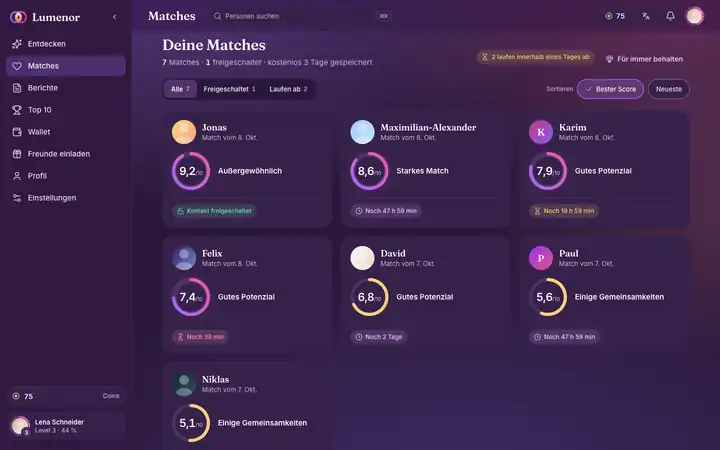 Matches in der Lumenor-Web-App im Desktop-Browser