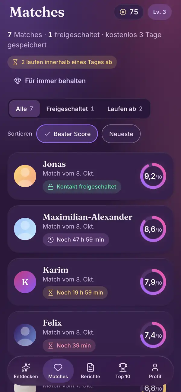 Matches in der Lumenor-App auf dem Smartphone