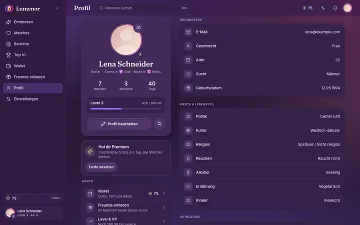 Profil in der Lumenor-Web-App im Desktop-Browser