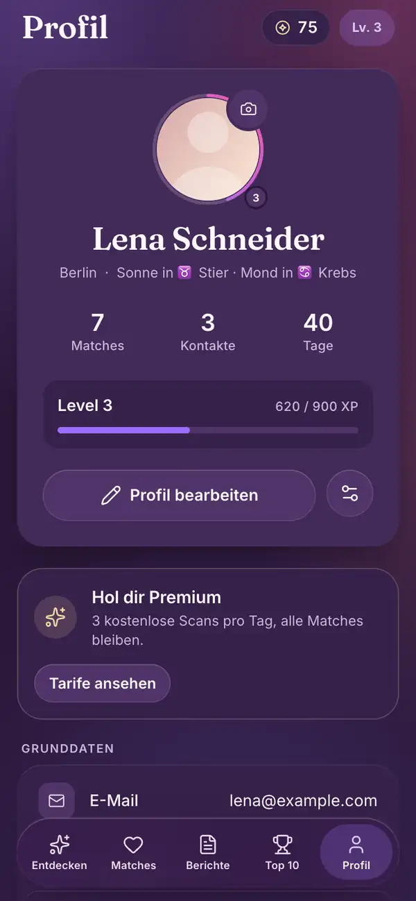 Profil in der Lumenor-App auf dem Smartphone