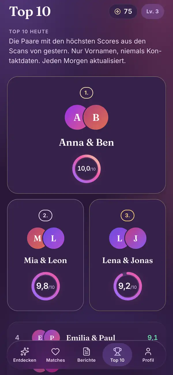 Top 10 in der Lumenor-App auf dem Smartphone
