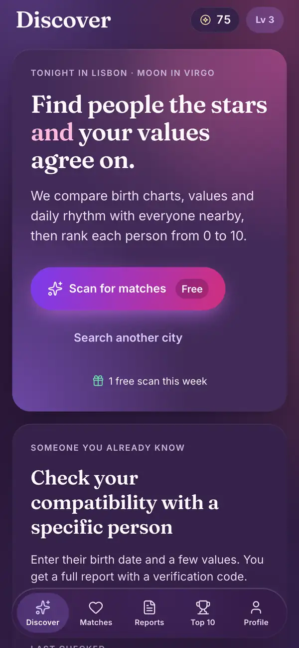 The Lumenor app: the Discover screen with a Scan for matches button