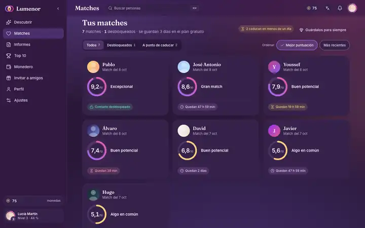 Matches en la app web de Lumenor en un navegador de ordenador