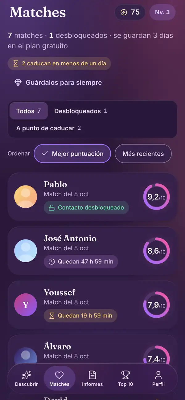 Matches en la app de Lumenor para móvil