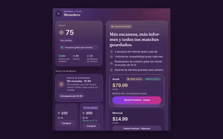 Premium en la app web de Lumenor en un navegador de ordenador