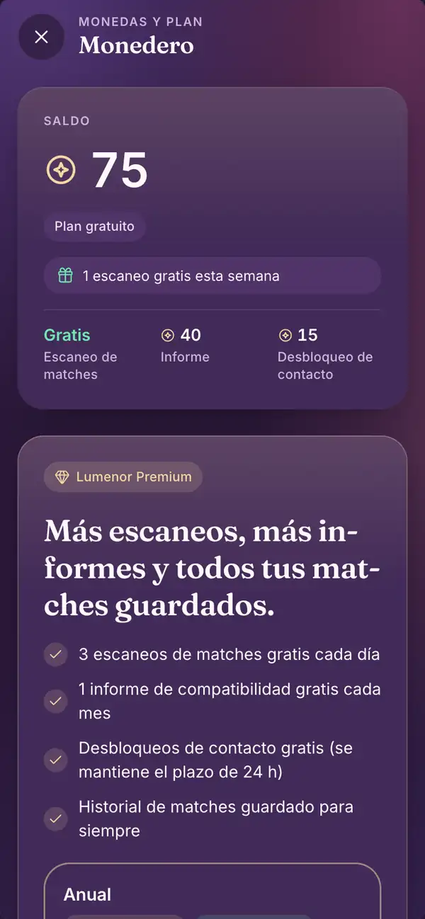 Premium en la app de Lumenor para móvil