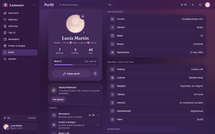 Perfil en la app web de Lumenor en un navegador de ordenador