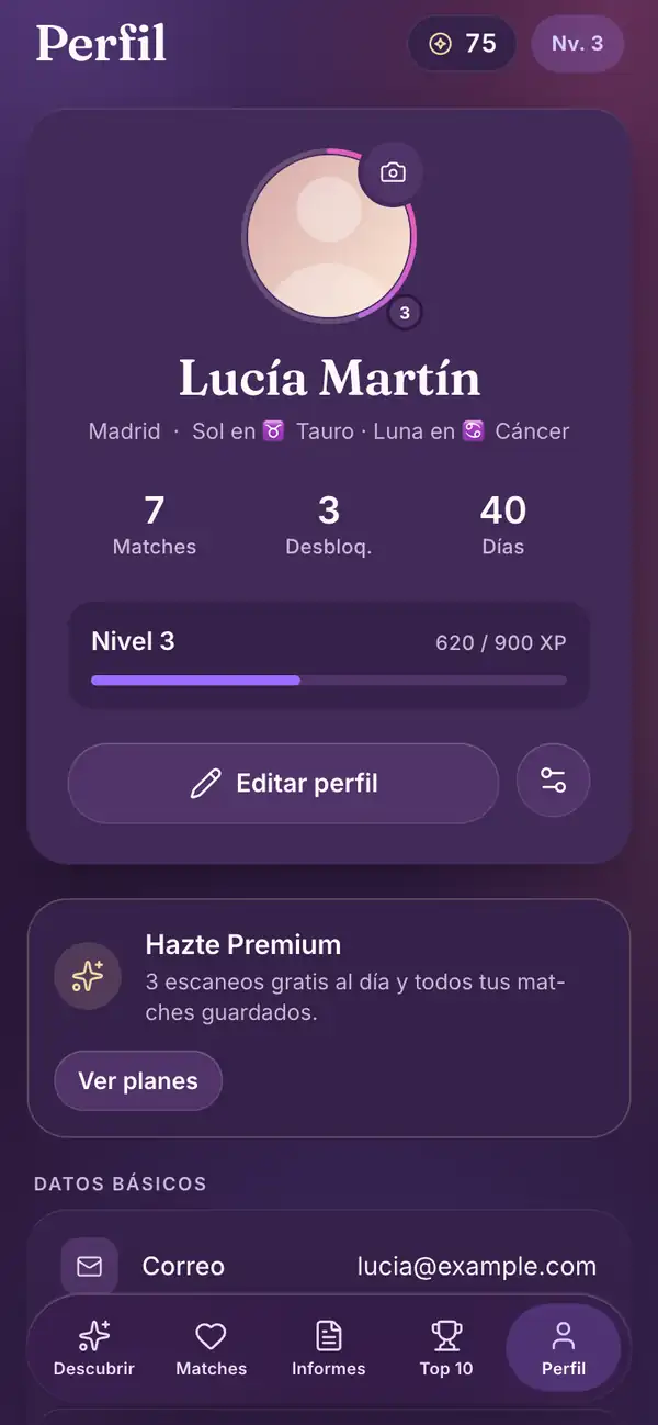 Perfil en la app de Lumenor para móvil