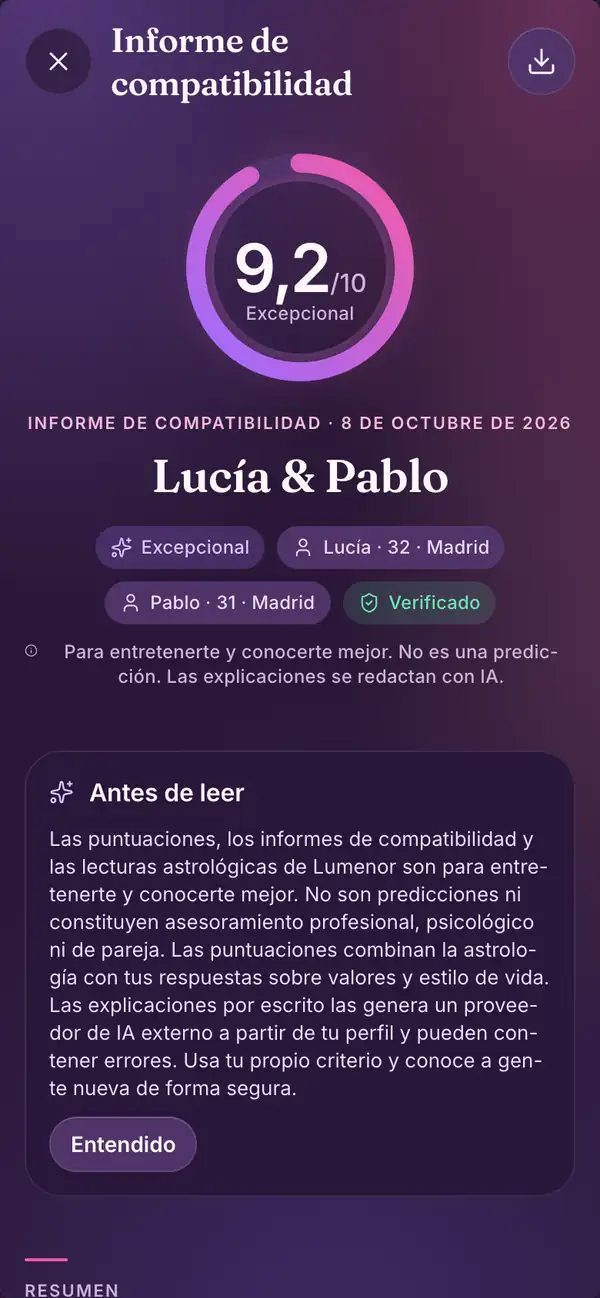 Informe en la app de Lumenor para móvil