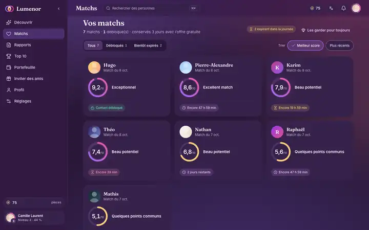 Matchs dans l’app web Lumenor sur un navigateur d’ordinateur