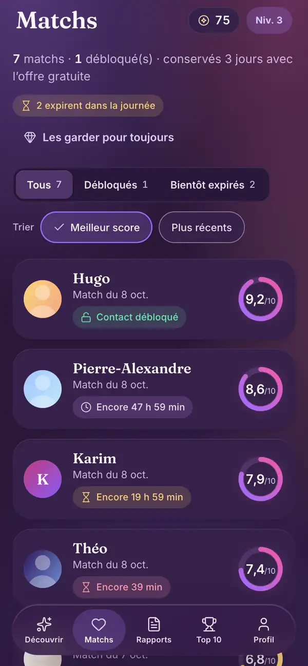 Matchs dans l’app mobile Lumenor