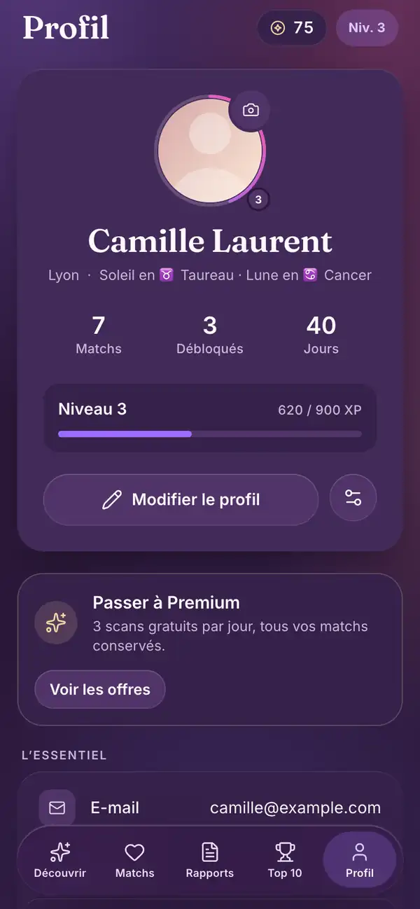 Profil dans l’app mobile Lumenor