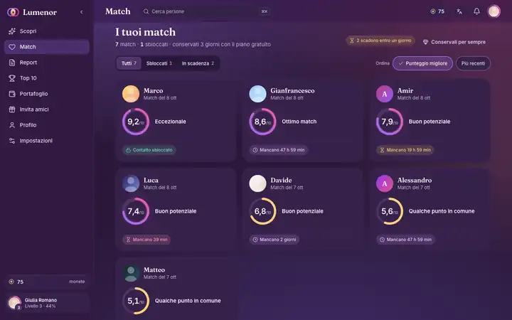 Match nella web app di Lumenor su un browser desktop