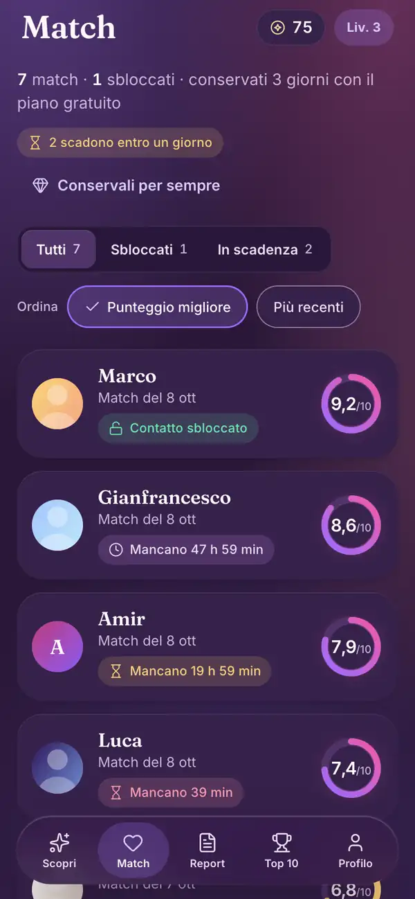 Match nell’app Lumenor per smartphone
