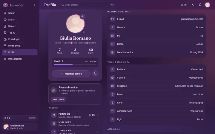 Profilo nella web app di Lumenor su un browser desktop