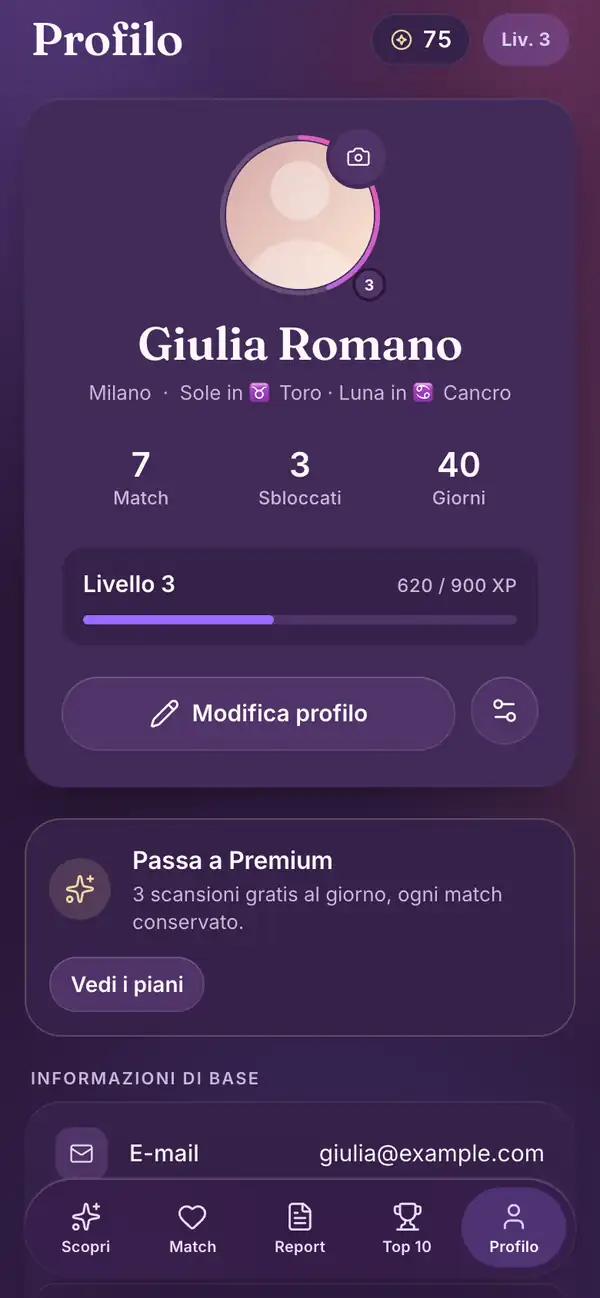 Profilo nell’app Lumenor per smartphone