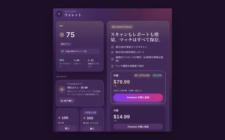 パソコンのブラウザで表示したLumenor Webアプリの「Premium」画面