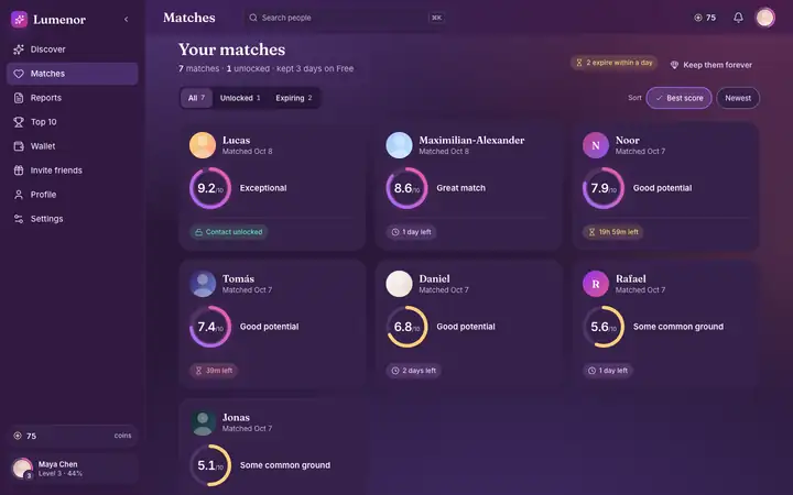 Matches in the Lumenor web app on a desktop browser