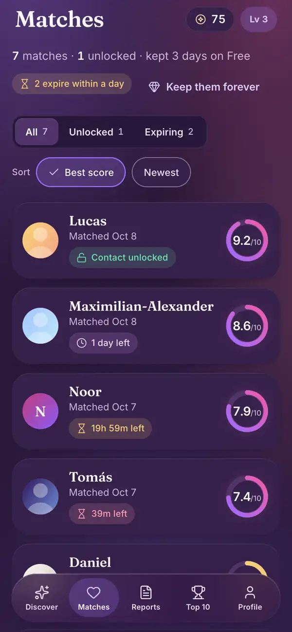 Matches in the Lumenor phone app