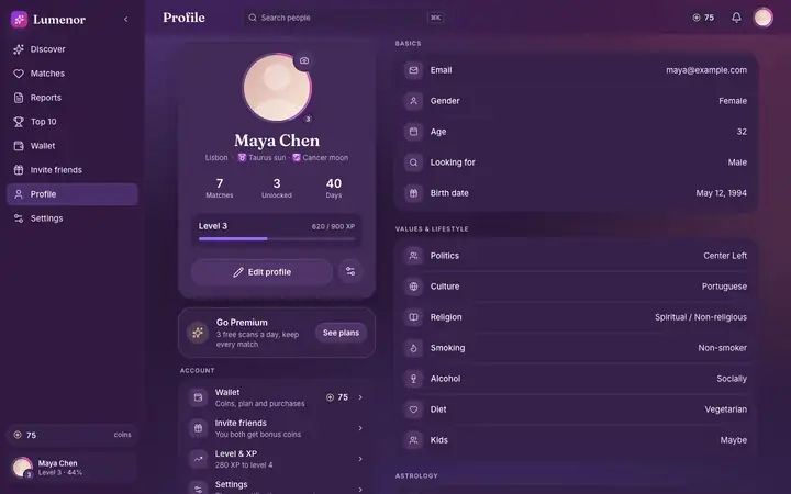 Profile in the Lumenor web app on a desktop browser