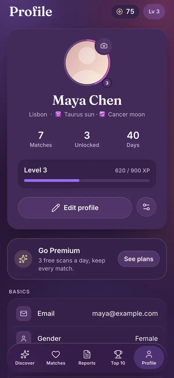 Profile in the Lumenor phone app