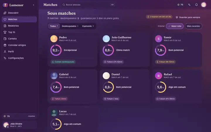 Matches no app web do Lumenor em um navegador de computador