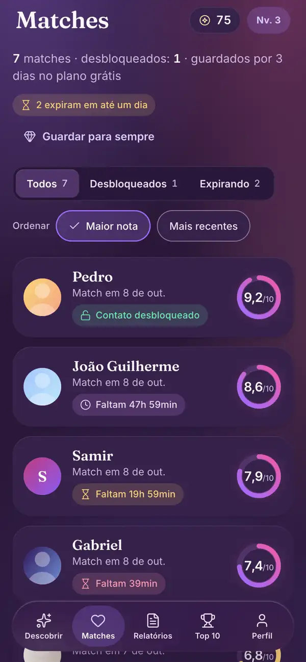 Matches no app do Lumenor para celular