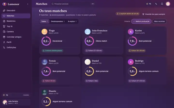 Matches na app web do Lumenor num navegador de computador