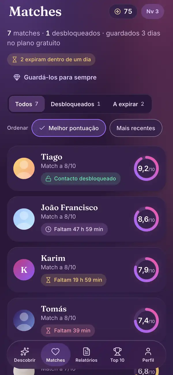 Matches na app do Lumenor para telemóvel