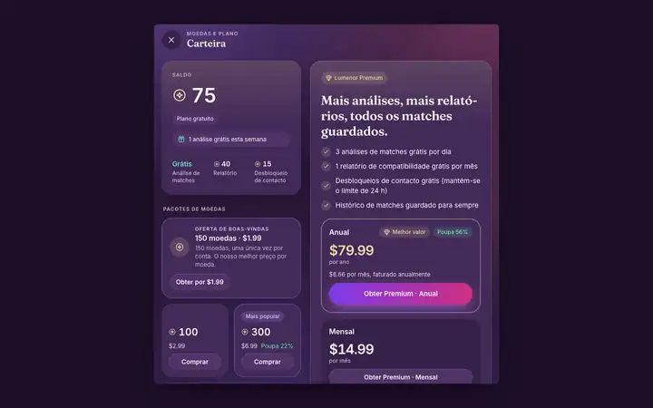 Premium na app web do Lumenor num navegador de computador