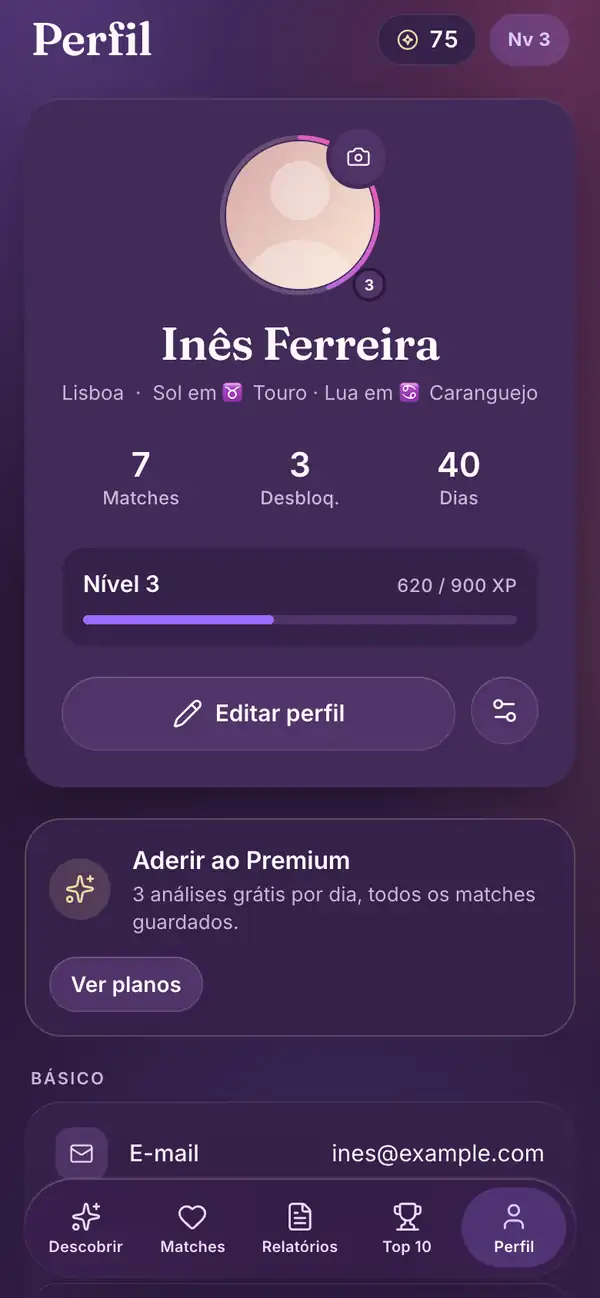 Perfil na app do Lumenor para telemóvel
