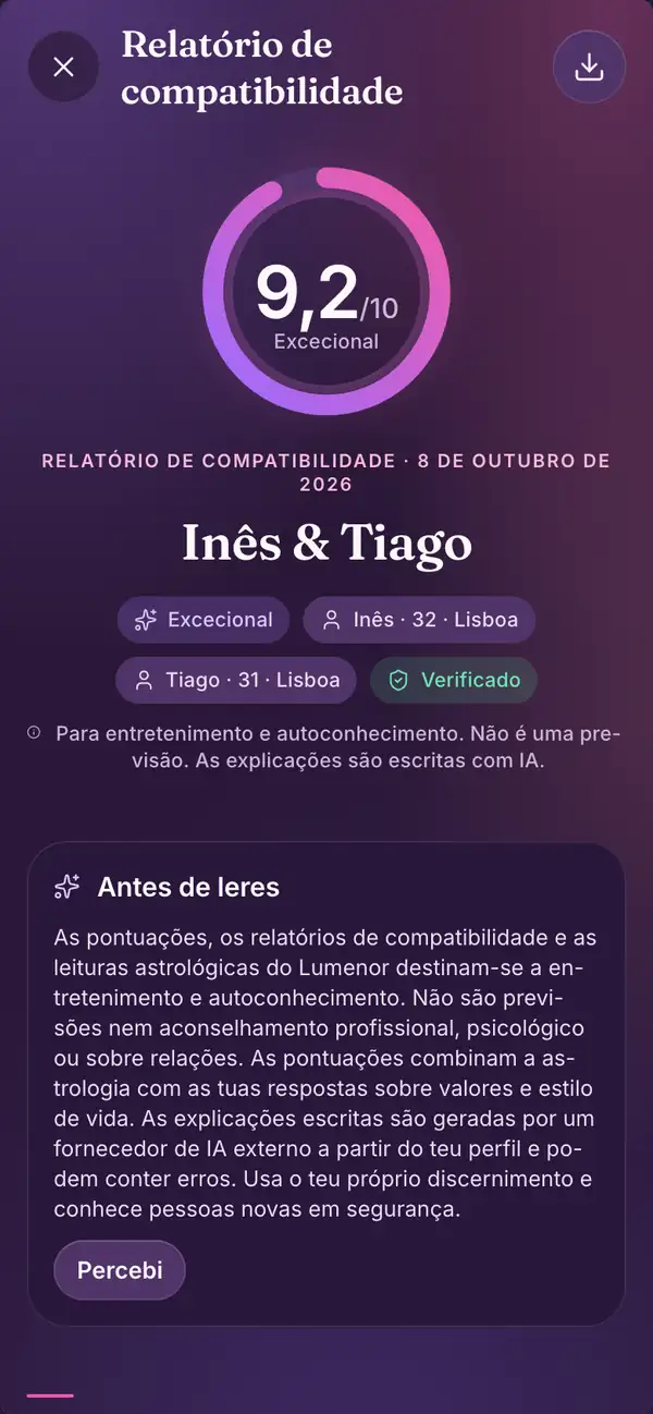 Relatório na app do Lumenor para telemóvel