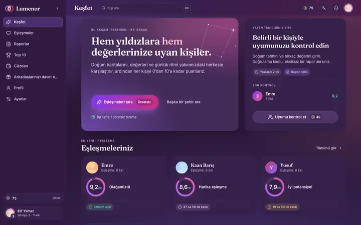 Masaüstü tarayıcıda Lumenor web uygulamasında Keşfet ekranı