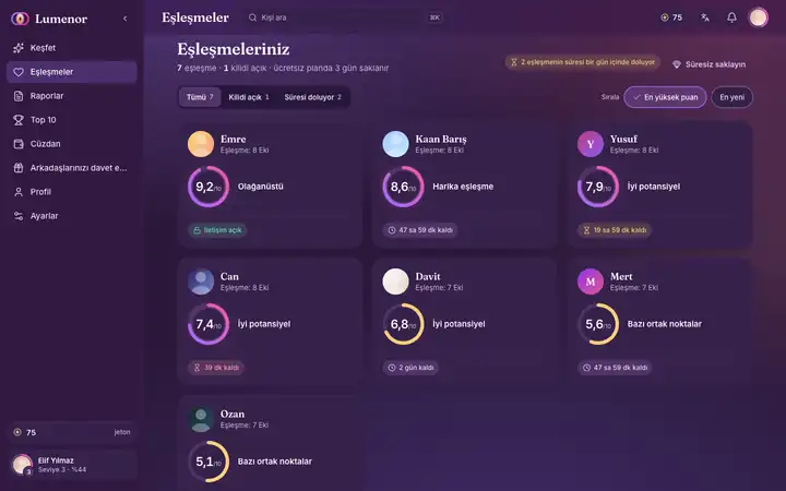 Masaüstü tarayıcıda Lumenor web uygulamasında Eşleşmeler ekranı