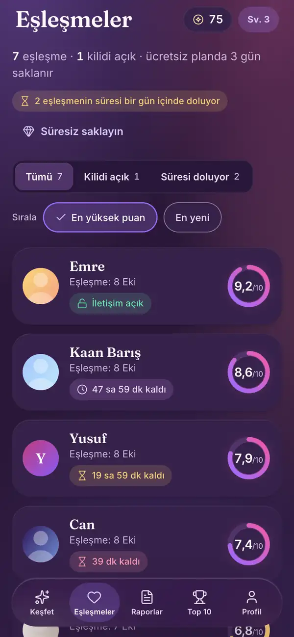 Lumenor telefon uygulamasında Eşleşmeler ekranı