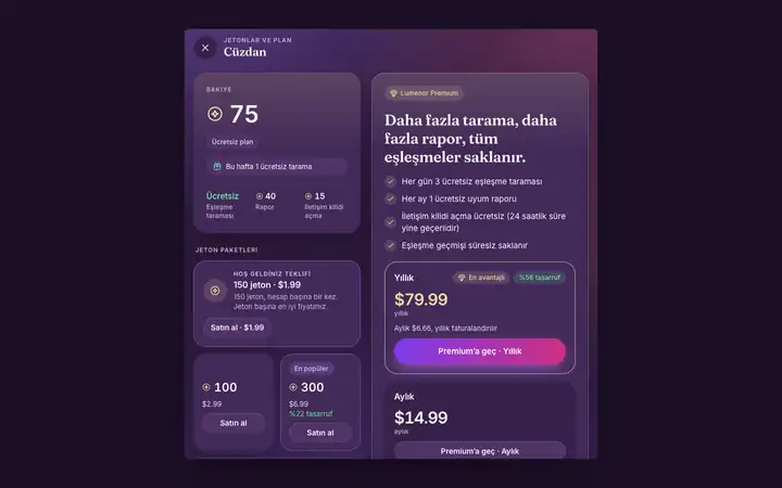Masaüstü tarayıcıda Lumenor web uygulamasında Premium ekranı