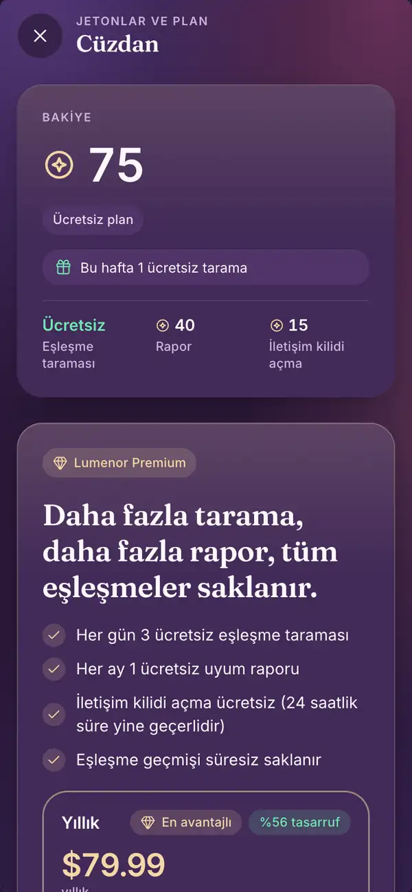 Lumenor telefon uygulamasında Premium ekranı
