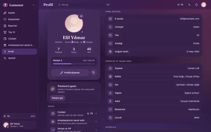 Masaüstü tarayıcıda Lumenor web uygulamasında Profil ekranı
