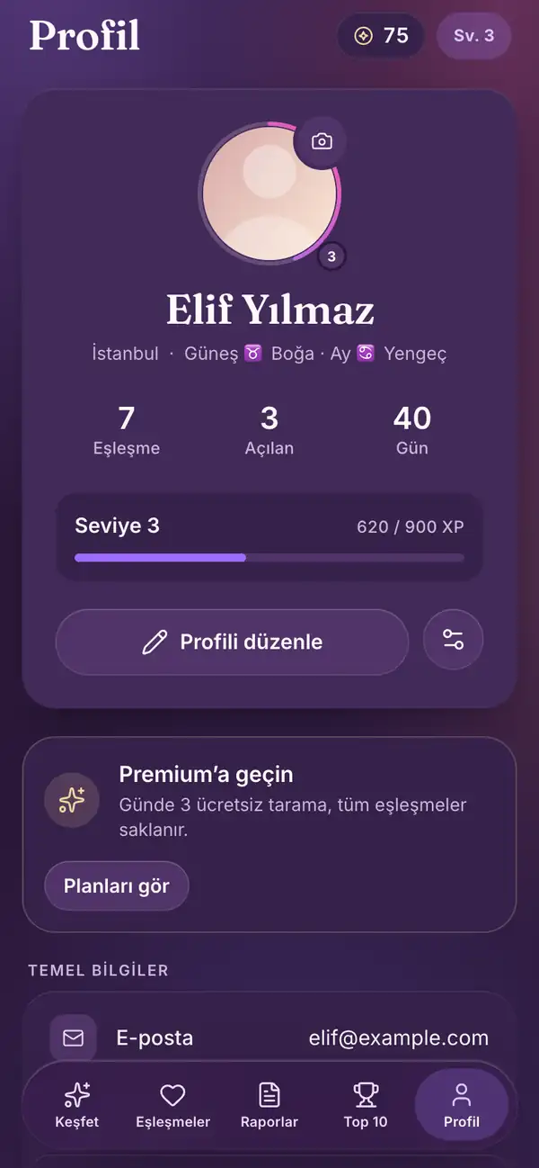 Lumenor telefon uygulamasında Profil ekranı