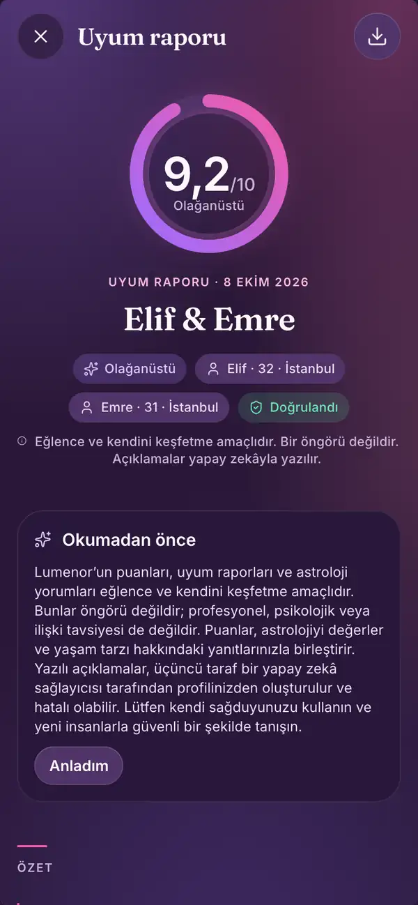 Lumenor telefon uygulamasında Rapor ekranı